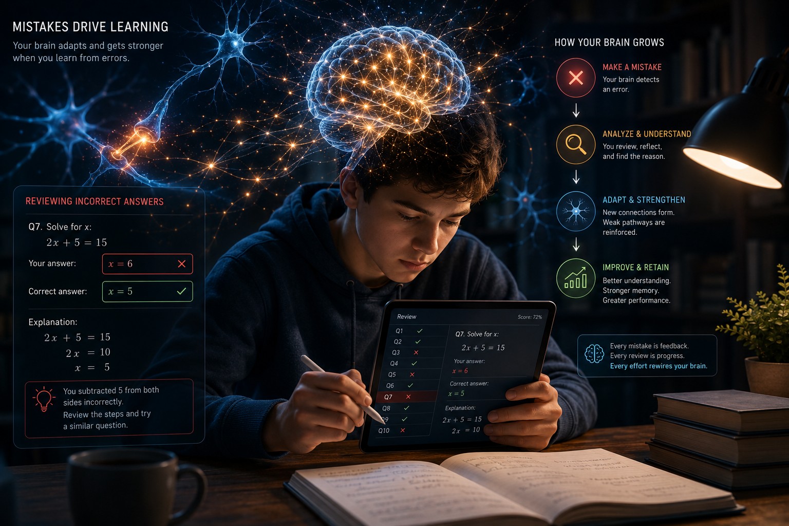 A learner reviewing incorrect answers on a tablet while neural pathways illuminate, symbolizing that mistakes drive brain adaptation and learning.