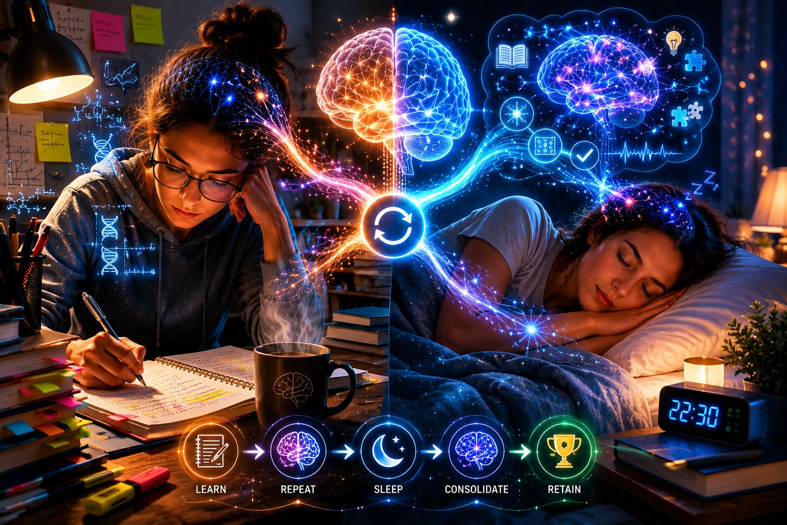 A split-screen showing a person studying intensely on the left and the same person sleeping peacefully on the right, connected by glowing neural pathways with the flow: LEARN → REPEAT → SLEEP → CONSOLIDATE → RETAIN.